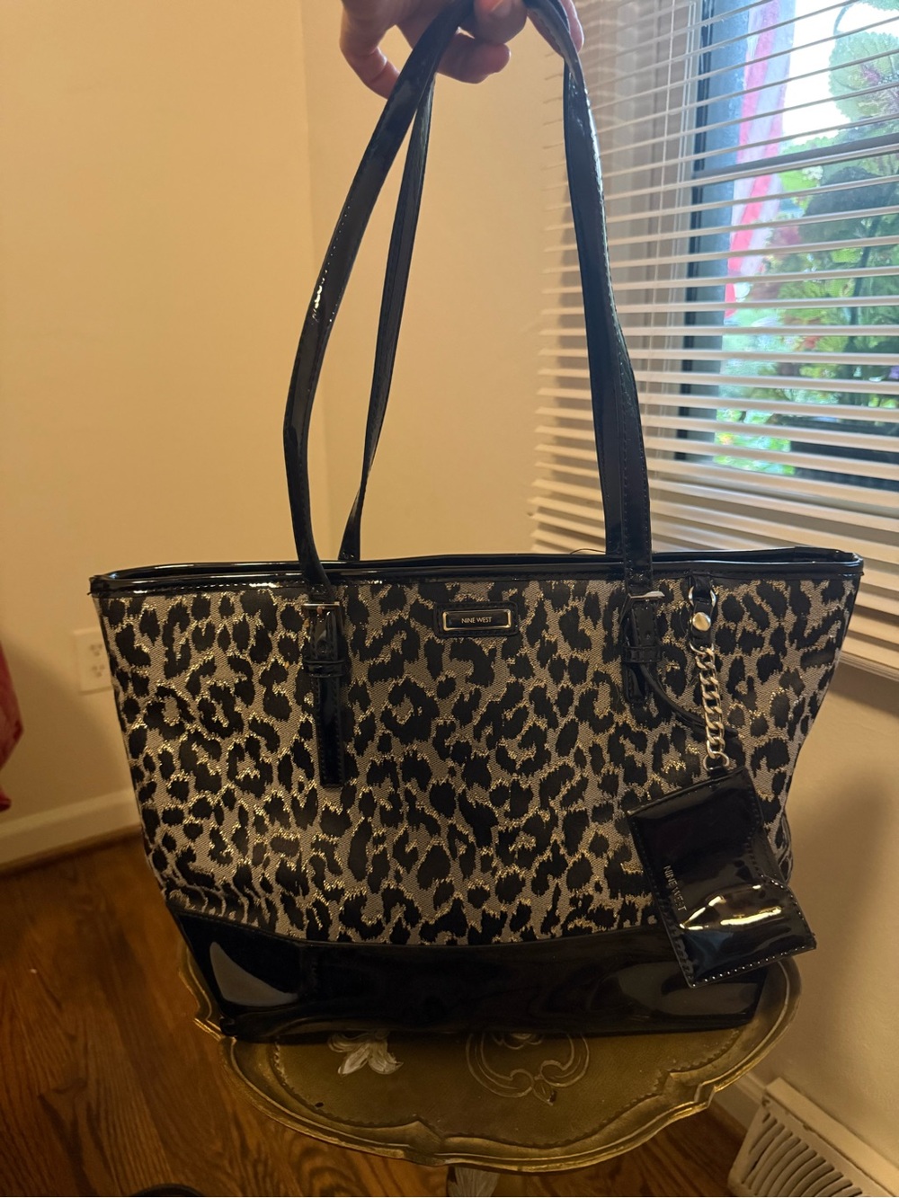 Nine West Black and Beige Leopard Print Patent-Trim Tote
